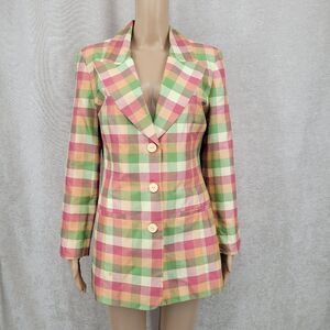 Leilei Vintage Silk Check Plaid Women's Longline Blazer Multicolor